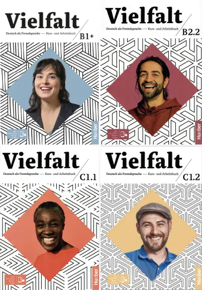 vier Cover des Lehrwerks "Vielfalt" in verschiedenen Sprachnieveaustufen, Hueber Verlag